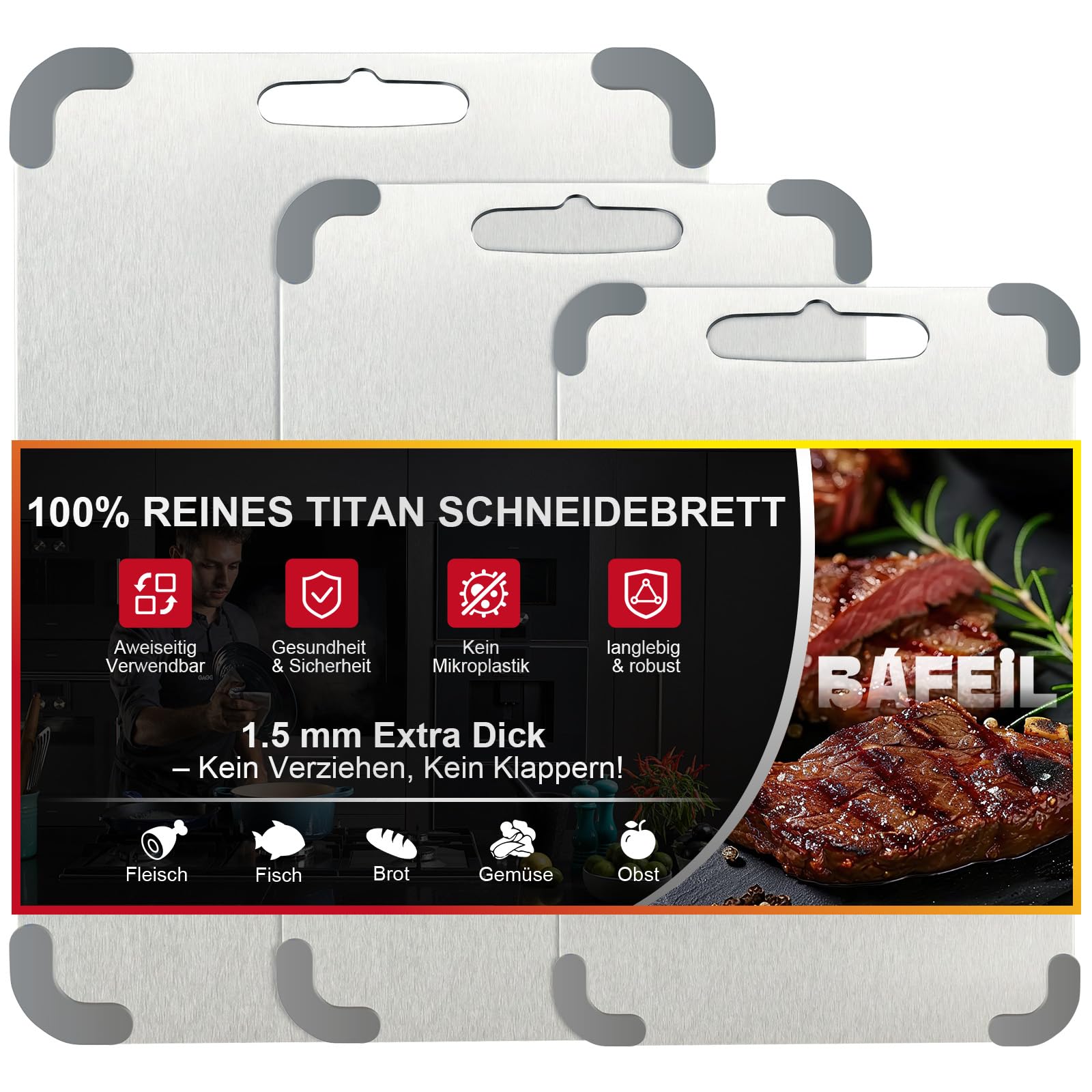 Bafeil 3 Stück Titan Schneidebrett Edelstahl Schneidebrett Set, Titanium Cutting Board Mit Schwamm und Sparschäler BPA-frei, Antibakteriell, Ideal für Küche