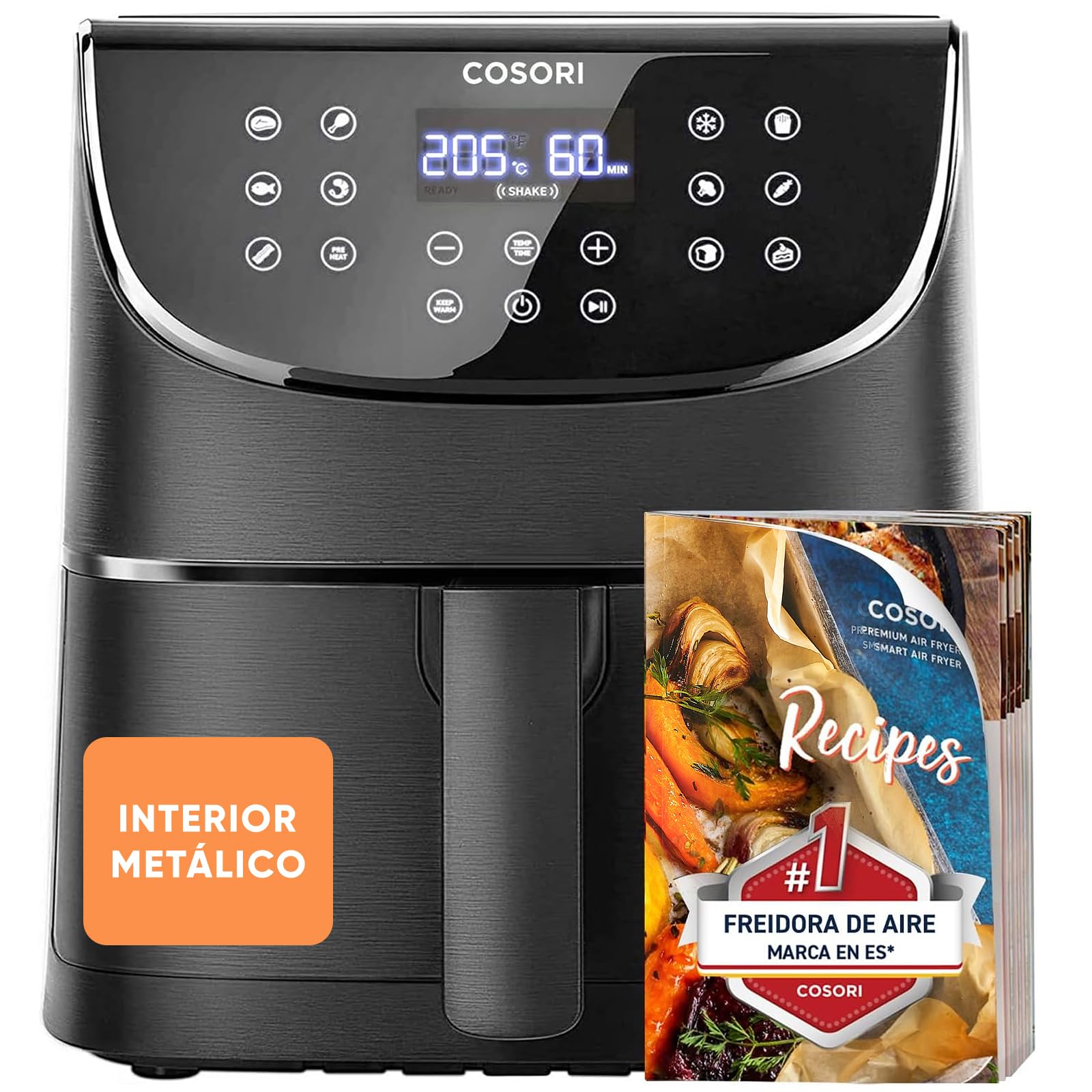 Cosori Air Fryer 5.7L Real Metallic Interior, Air Fryer Anti-Rust Design, Uniform Heating Technology, 40 Recipes, Fat Reduction for Healthy Living, Energy Efficiency, 1700W