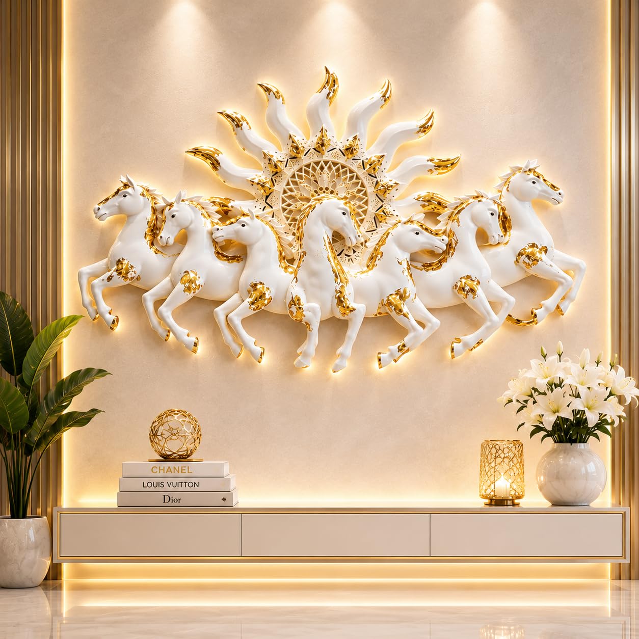 RSN 7 Running Horses Wall Decor with LED Light (36 x 23.5 Inch) | Premium White & Gold Luxury Horse Wall Art for Living Room, Bedroom, Hall, Office & Hotel Decoration | Modern Home Decor Gift Item-image-18