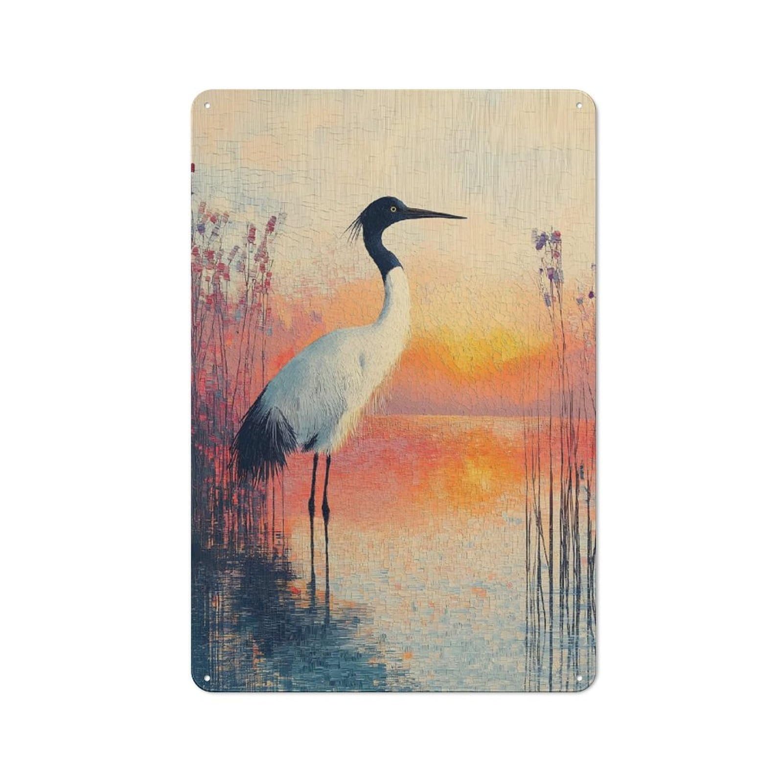 Metal Plaque with Crane by The Water at Sunset Design 30x20cm, Retro Kitchen Wall Decor for Bakery, Diner, Cafe Or Family Room
