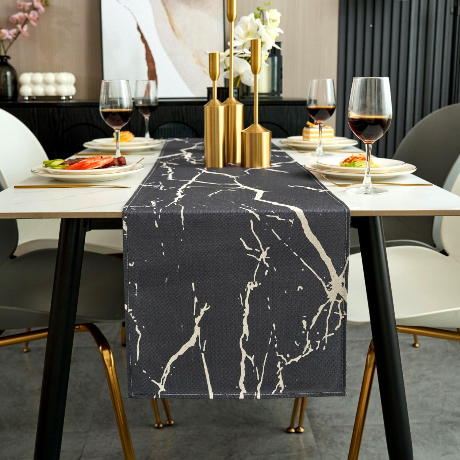 Jayusaror Table Runner Autumn Grey and White Modern Linen Table Runner Marble Golden Textured Abstract Art Washable Table for Coffee Dining Room Dresser End Table 40 x 240 cm