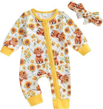 Western Baby Boy Clothes Newborn Jumpsuit | Long Sleeve Cow Daisy Print Zipper Romper, Infant Fall Outfits, Camo/Duck/Halloween Bodysuit, Soft Fabric