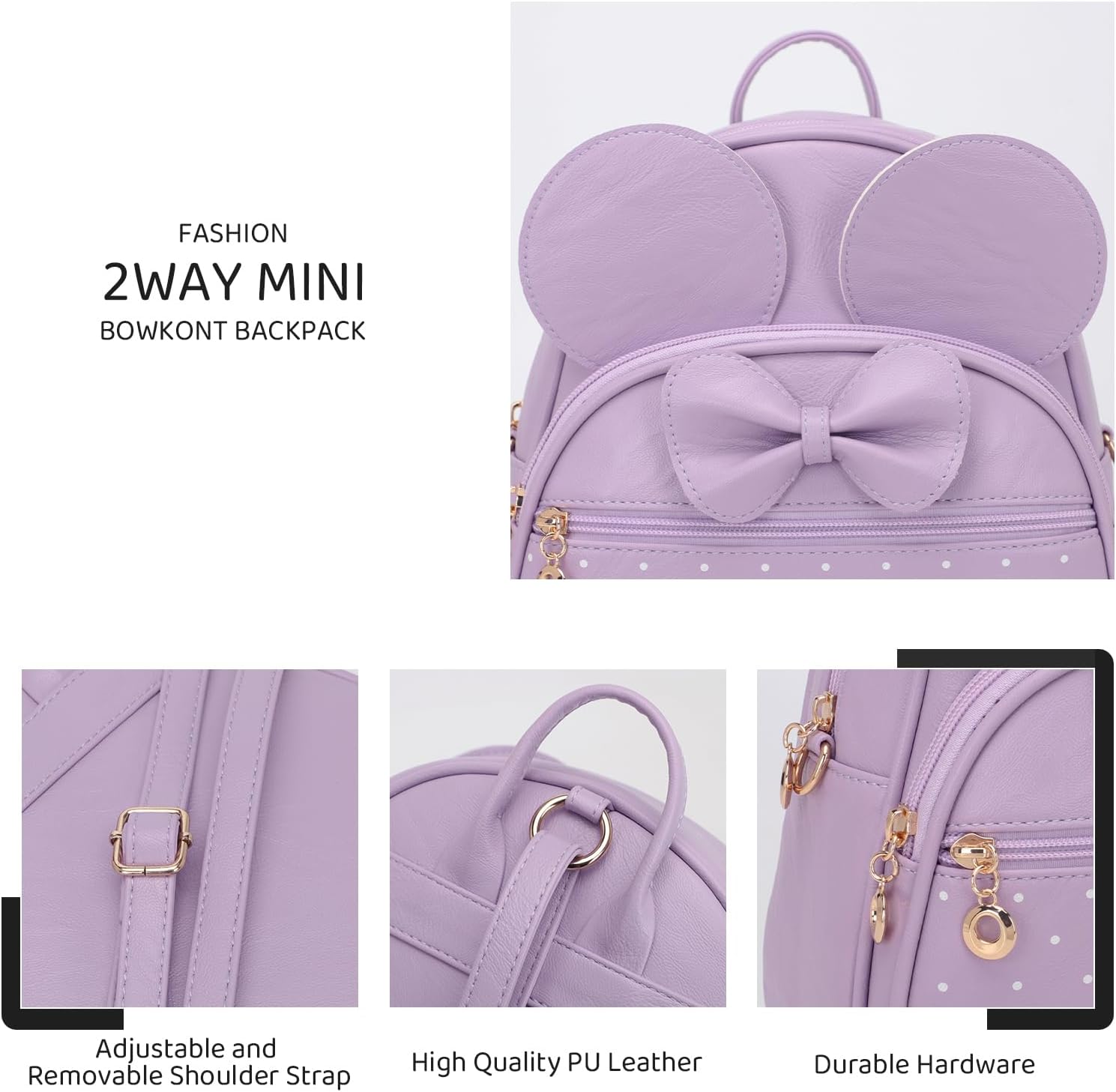 KL928 Girls Mini Backpack Bowknot Polka Dot Cute Daypacks Convertible Shoulder Bag Purse for Women (L.Purple) - Image 3