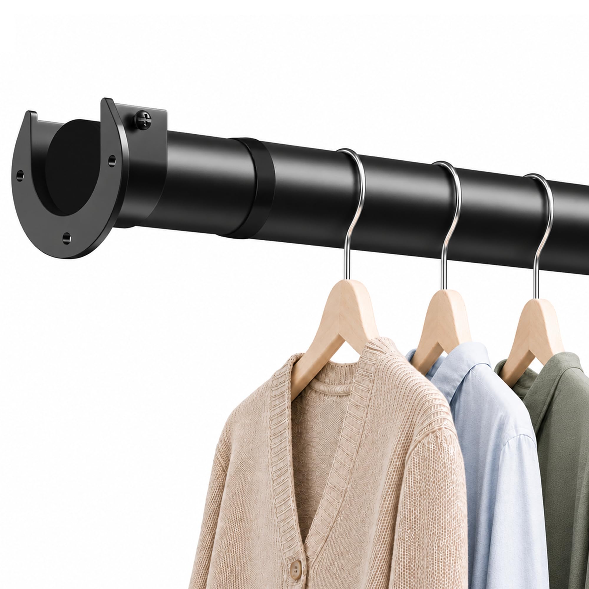 Curtain Rod Extendable Curtain Pole Wardrobe Rail Heavy Duty 32mm Tension Assisted Hanging Rod with Brackets Black 85-160cm — image 1