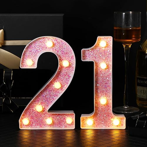 Miniatura 4 de Decoraciones de 21 cumpleaños con números LED 21, adornos de decoración de mesa de comedor, números rosados 1 número 2, adecuados para fiestas de