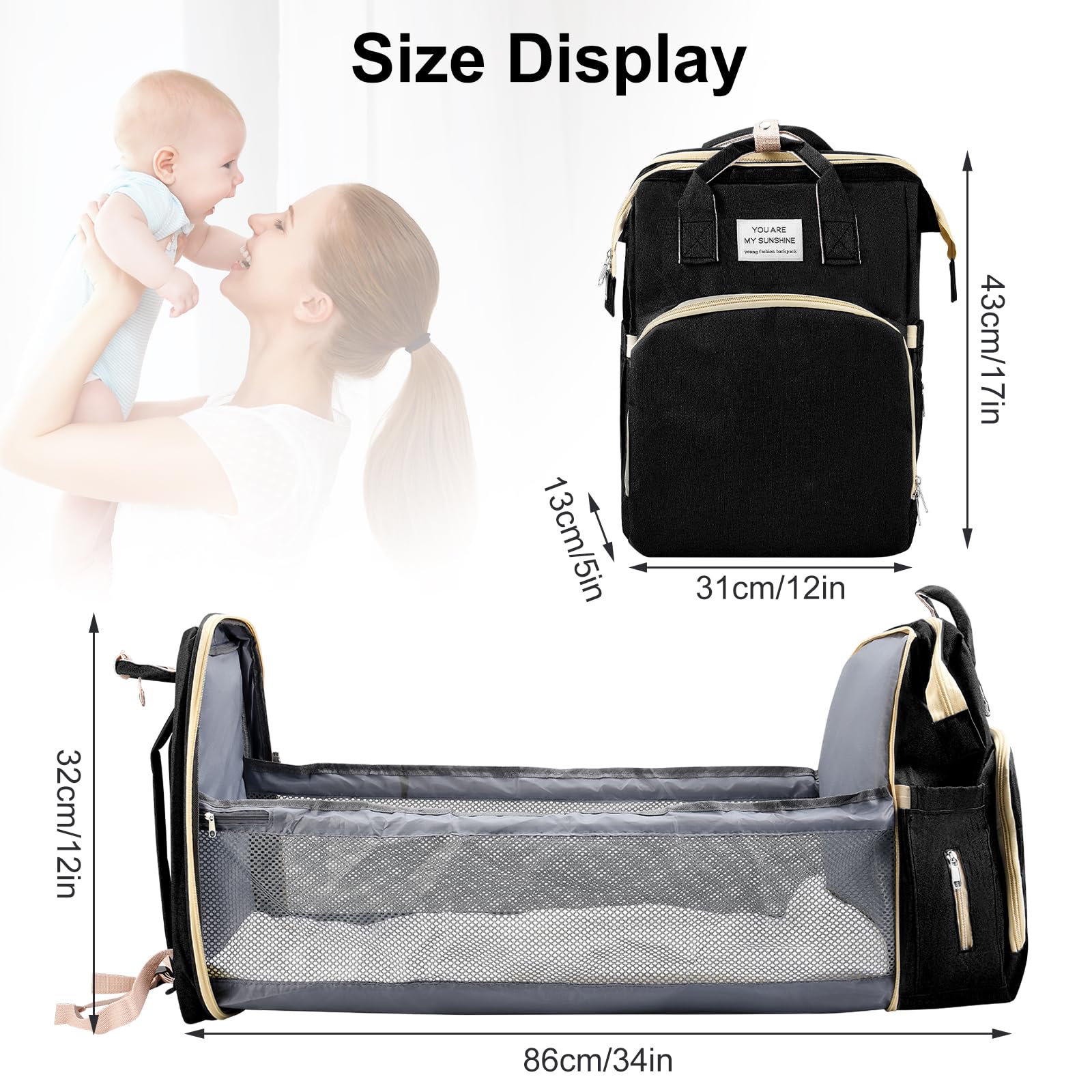 Sac a Langer a Dos avec Sacs à Langer Lit Grande Capacité, Grande Sac à Couches avec Matelas à Langer,sac à Dos pour lit Bébé,sac de Voyage avec Lit Pliable et Pare-Soleil (noir)