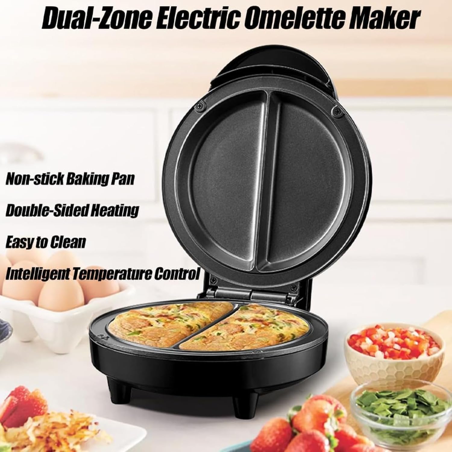 Dual zone electric omelette maker, Omelette Pan Nonstick, Compact Breakfast Maker for 2 Omelettes Simultaneously, with Indicator Lights Anti-Silp Base Anti-Scald Handle, No Flipping & Stove (1pcs)