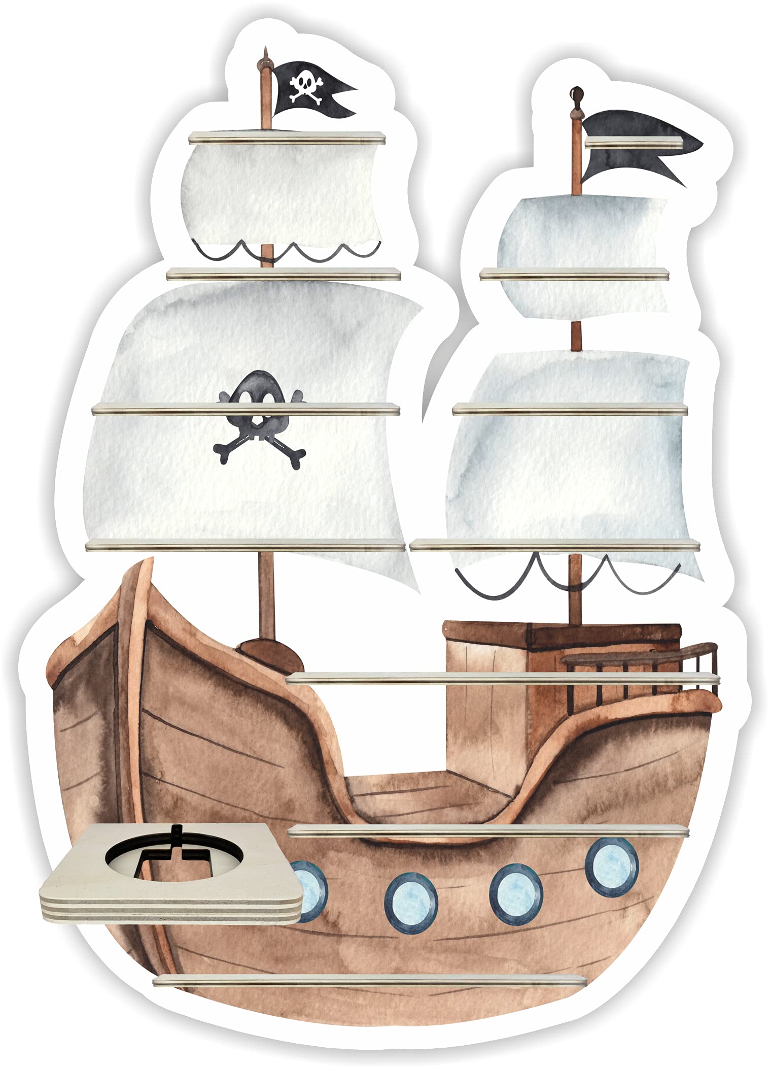 Farbklecks-Collection Tonie Regal Piratenboot, Wandregal für bis zu 50 Hörfiguren, Maße 6 x 48 x 68 cm, mit speziellem Ablagefach kompatibel mit Toniebox, handgefertigt in Deutschland