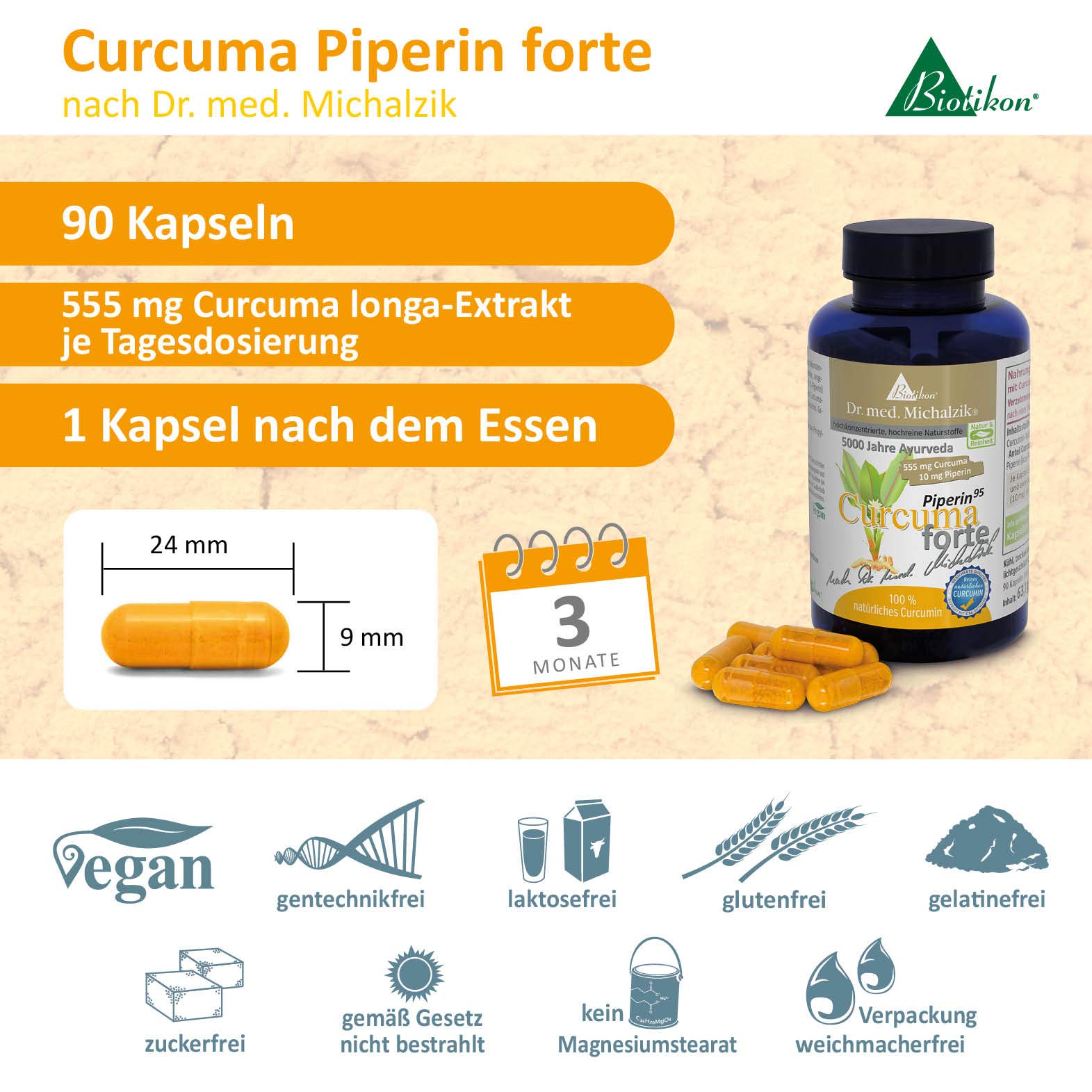 Curcuma Piperin forte Dr. med. Michalzik hoher Curcumin-Gehalt - 527,25 mg Curcuminoide - 10 mg Piperin Extrakt je Kapsel REIN NATÜRLICH nachgewiesen C14 ISOTOPEN ANALYSE - von BIOTIKON®