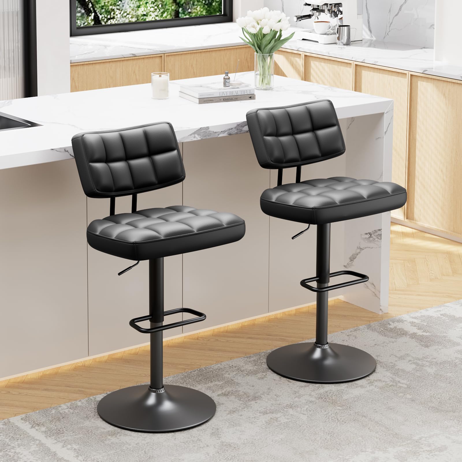 Set di 2 Sgabelli da Bar, Sedie da Bar Girevole 360° Altezza Regolabile da Penisola, Sgabelli Alto in Similpelle, Sedie da Cucina con Schienale e Poggiapiedi per Bar Cucina Ristorante, Nero