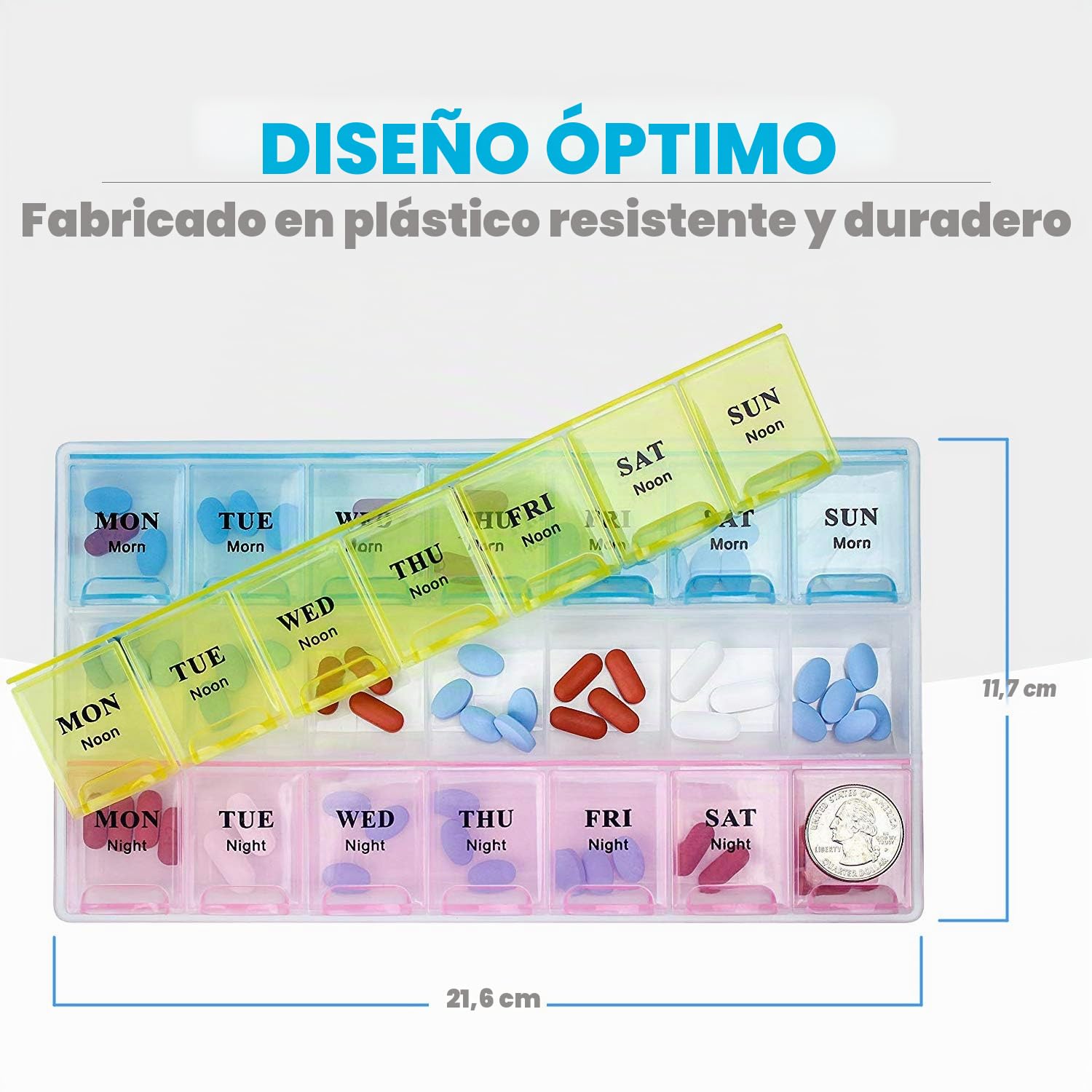 Pastillero semanal para vitaminas y medicamentos, organizador para 21 tomas, cajas para 3 tomas diarias, fáciles de leer y fácil de transportar, 2 unidades