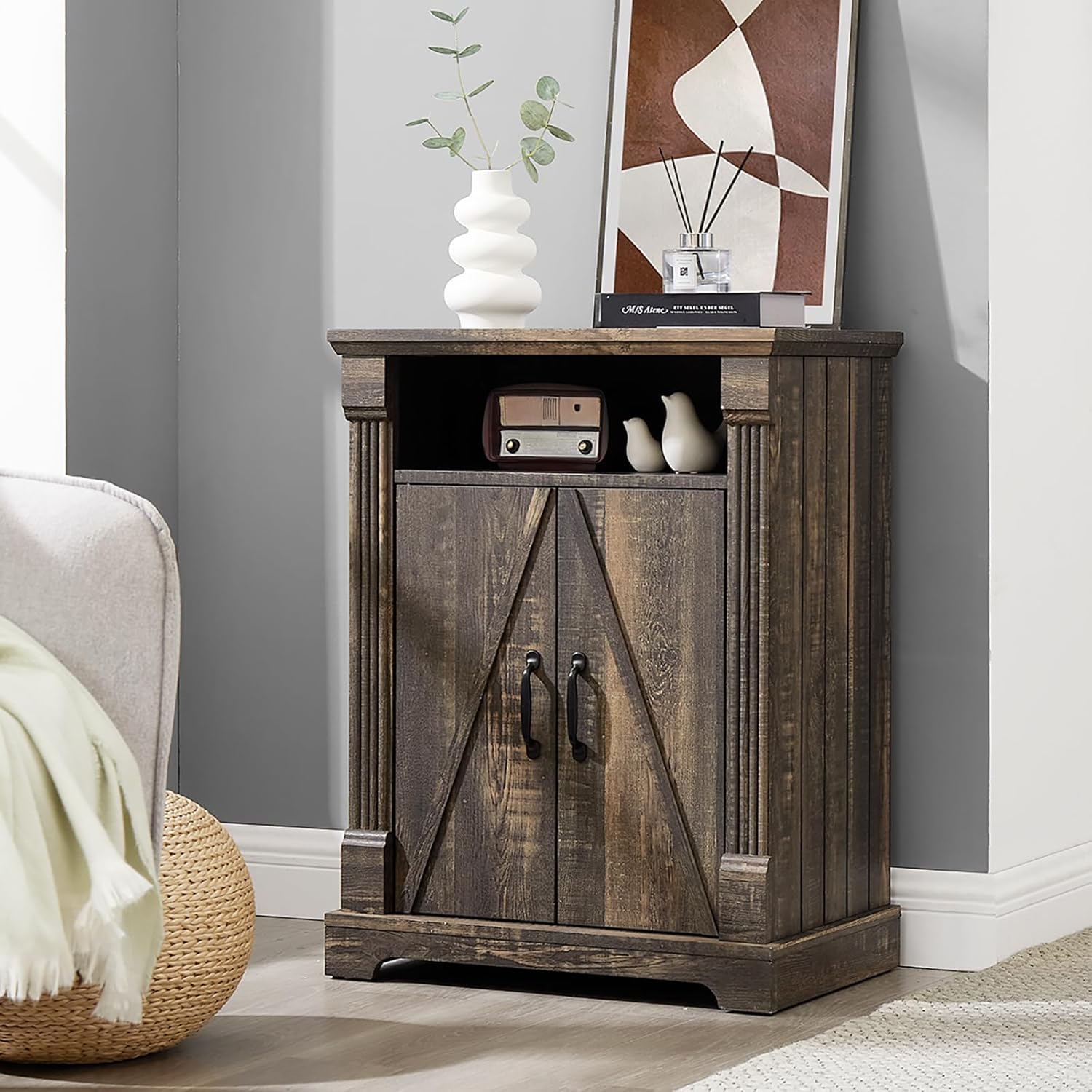 Minifeel Farmhouse Bathroom Cabinet, Freestanding Small Storage Cabinets with Barn Door and Open Shelf, Wooden Console Entryway Table with Roman Column for Kitchen, Living Room, Laundry Room, Oak