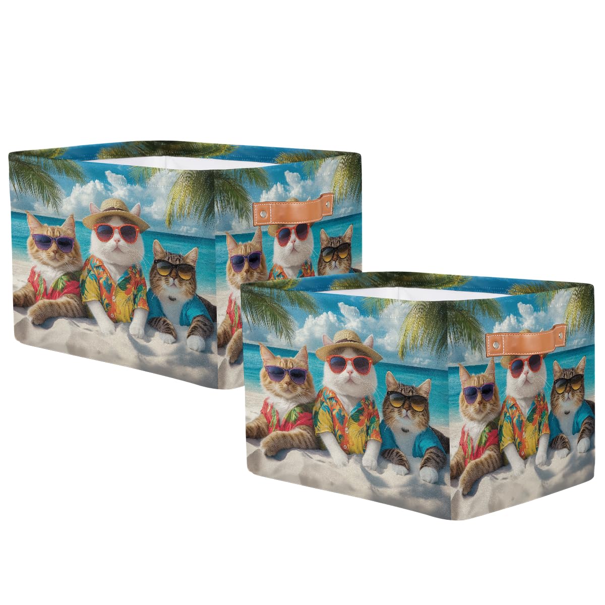 Mexpekil Divertida cesta de almacenamiento de animales, gato, mar, playa, caja de almacenamiento de juguetes para niños, plegable, organizador de tela para estantes, cesta de regalo grande con asas, 2
