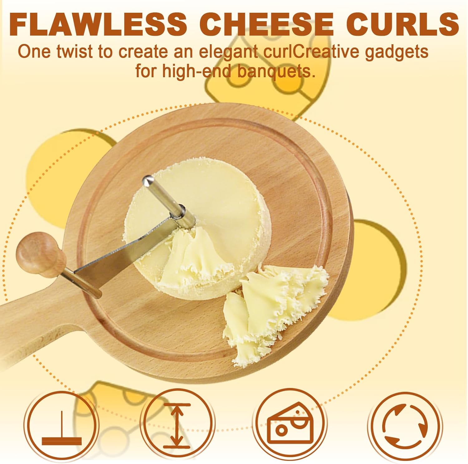 Cheese Curler Wheel, Stainless Steel Cheese Curler Wheel, Handheld Rotary Stainless Cutter Steel Blade and Wooden Base for Home Restaurants Cafes Bakery Dessert Shops