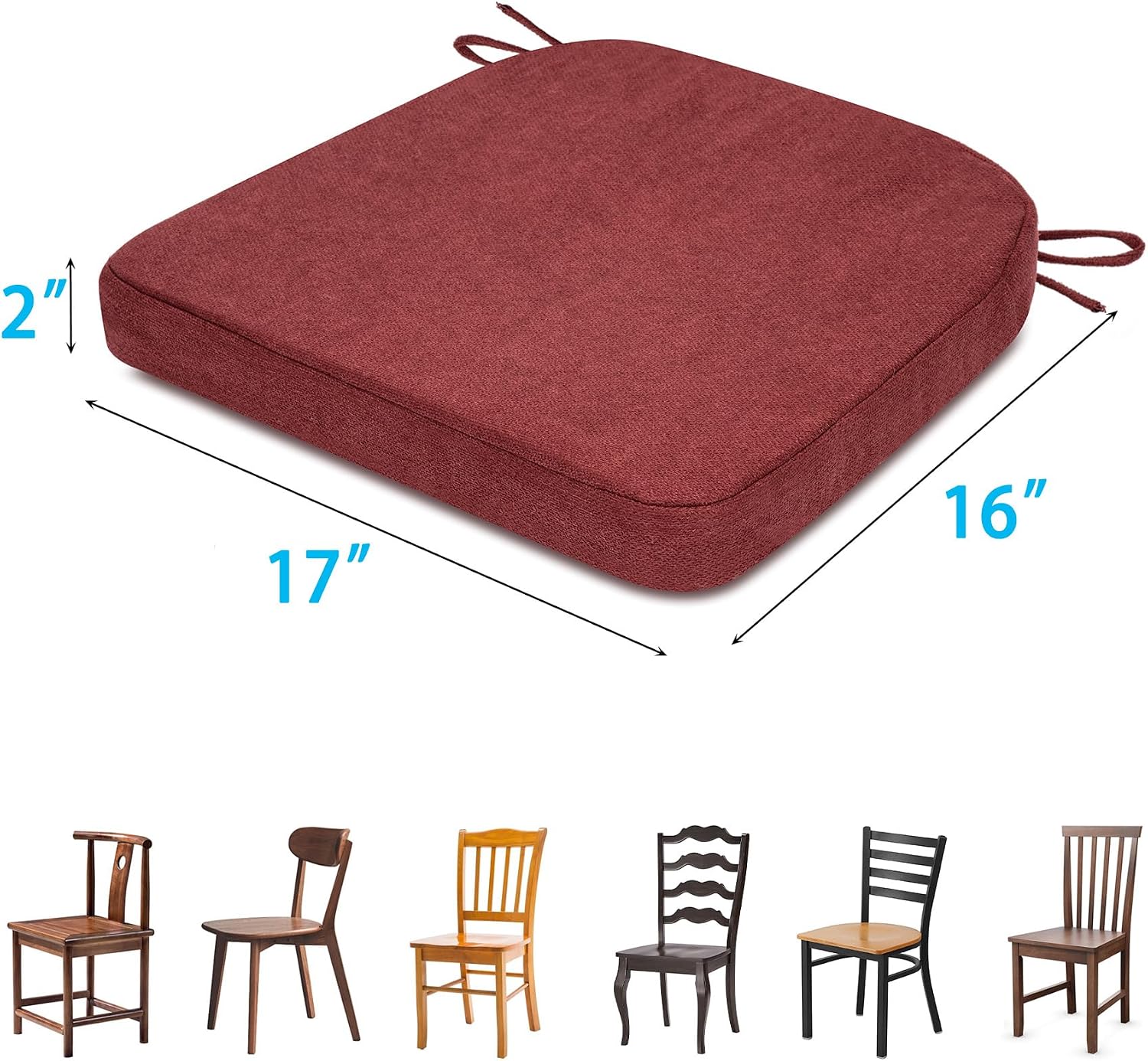 Chair Cushions for Dining Chairs, D-Shaped Non-Slip Seat Cushions with Removable Washable Covers & Ties, Chair Pads for Kitchen, Indoor Patio 17" x 16" (Bordeaux Red, 4 Count)