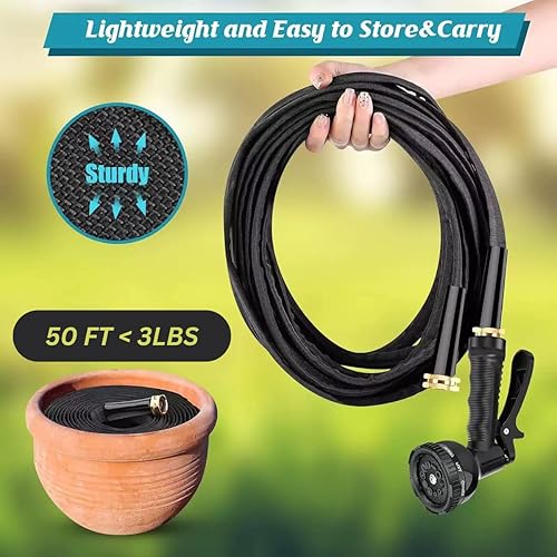 Miniatura 6 de Manguera de jardín de 50 pies, no expandible, ligera y flexible, manguera de agua negra con boquilla rociadora de 8 funciones, accesorios de latón a