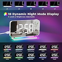 Vista 4 de Poeroa Reloj de proyección, reloj despertador digital con espejo LED de 7.4 pulgadas, con luz nocturna RGB, proyector giratorio de 180°, puerto