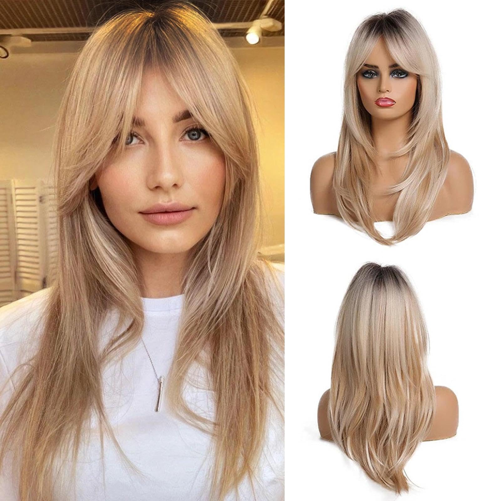 TYXHXTF 20 Pollici Lungo Dritto Biondo con Radici Scure Stratificato Parrucche di Capelli Sintetici, Lungo Layered Con Frange Lisci Sintetico Fibra Shoulder Lunghezza Capelli per Quotidiano Parrucche