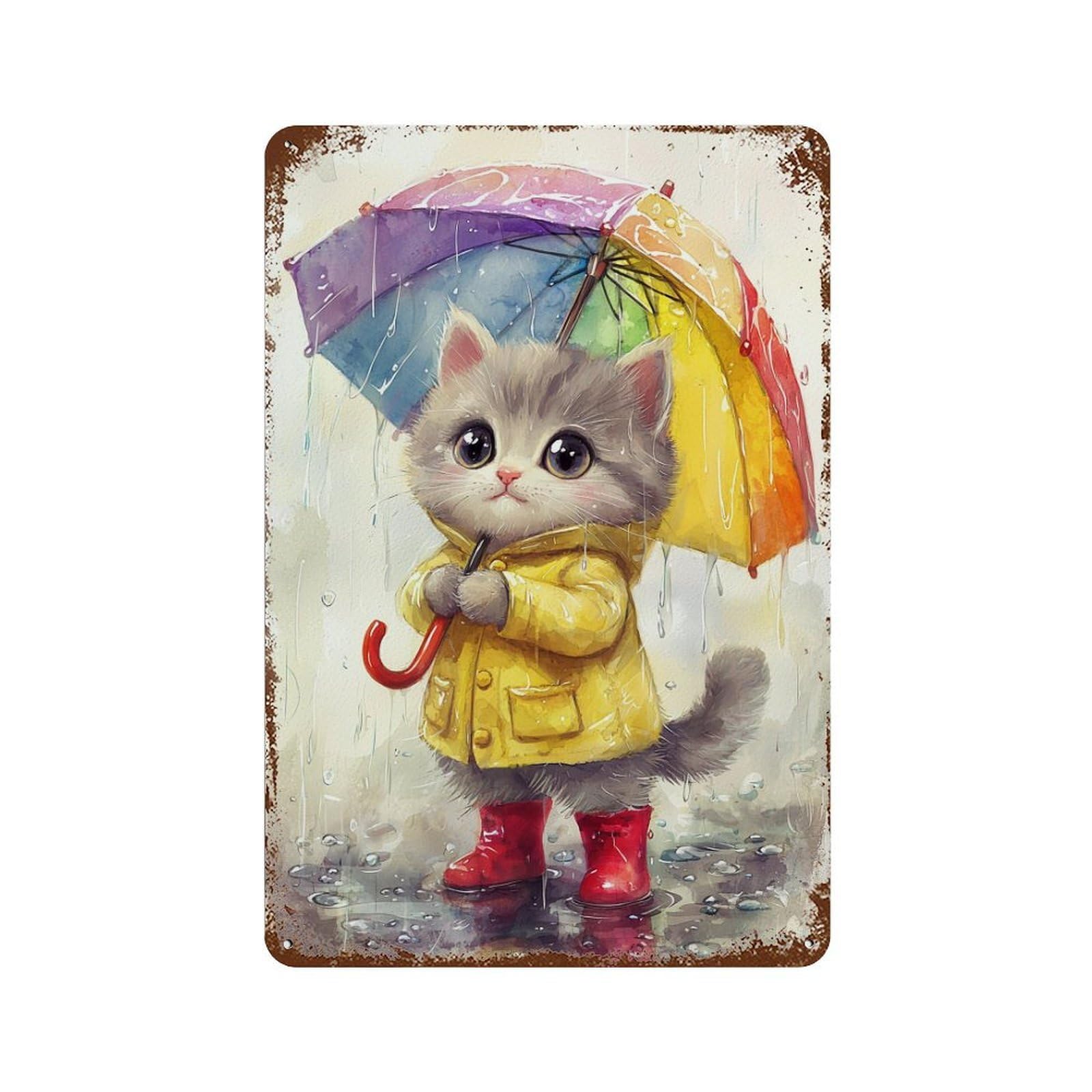 Rainy Day Kitten with Umbrella-9 Vintage Rust Metal Sign 11.8"x7.9", Shabby Chic Decor for Shed, Workshop And Garage Wall Decor