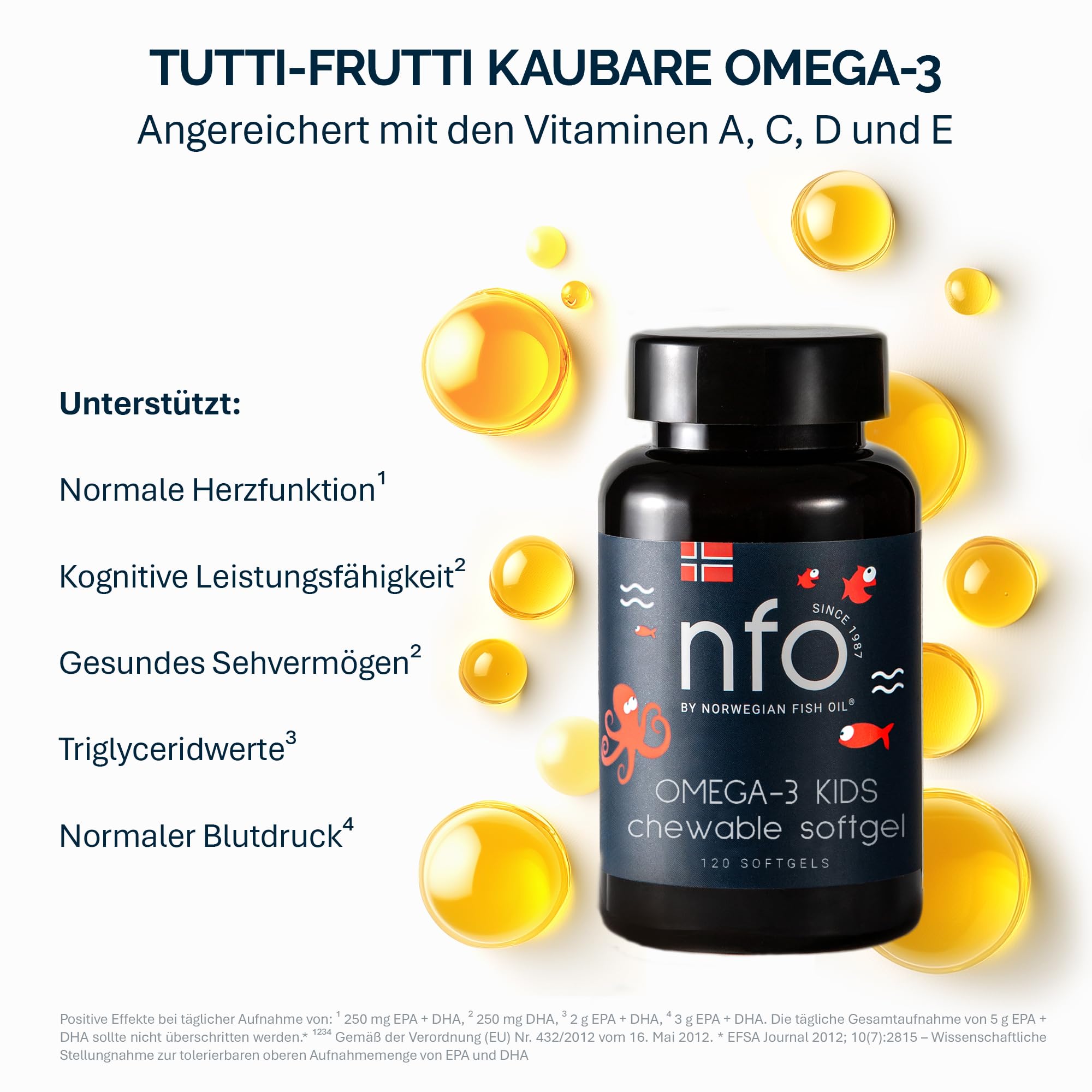 NFO Omega 3 Kids – 120 Mini Kaukapseln | Norwegisches Fischöl in Triglyzeridform | Mit EPA DHA & Vitaminen D3 A C E | Tutti Frutti Geschmack | Made in Norway
