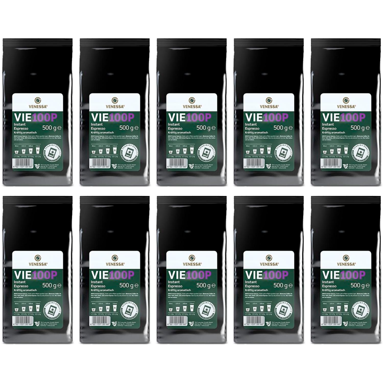 VENESSA VIE 100P Espresso kawa instant Coffee 10 x 500 g Premium zmielona kawa do automatów, silnie aromatyczna rozpuszczalna, wysoka wydajność, do w pełni automatycznych ekspresów do kawy, biura,