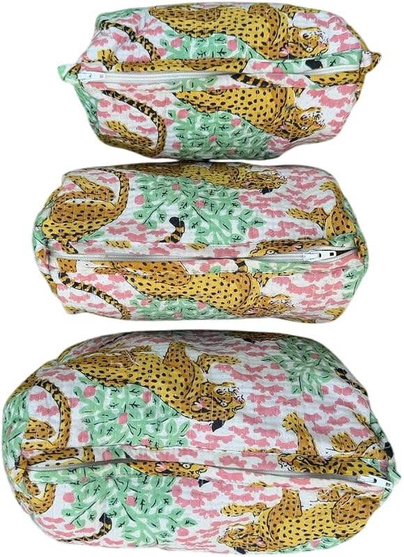 YILLE Conjunto com 3 necessaires organizadoras de viagem em algodão matelassado Pink Cheetah