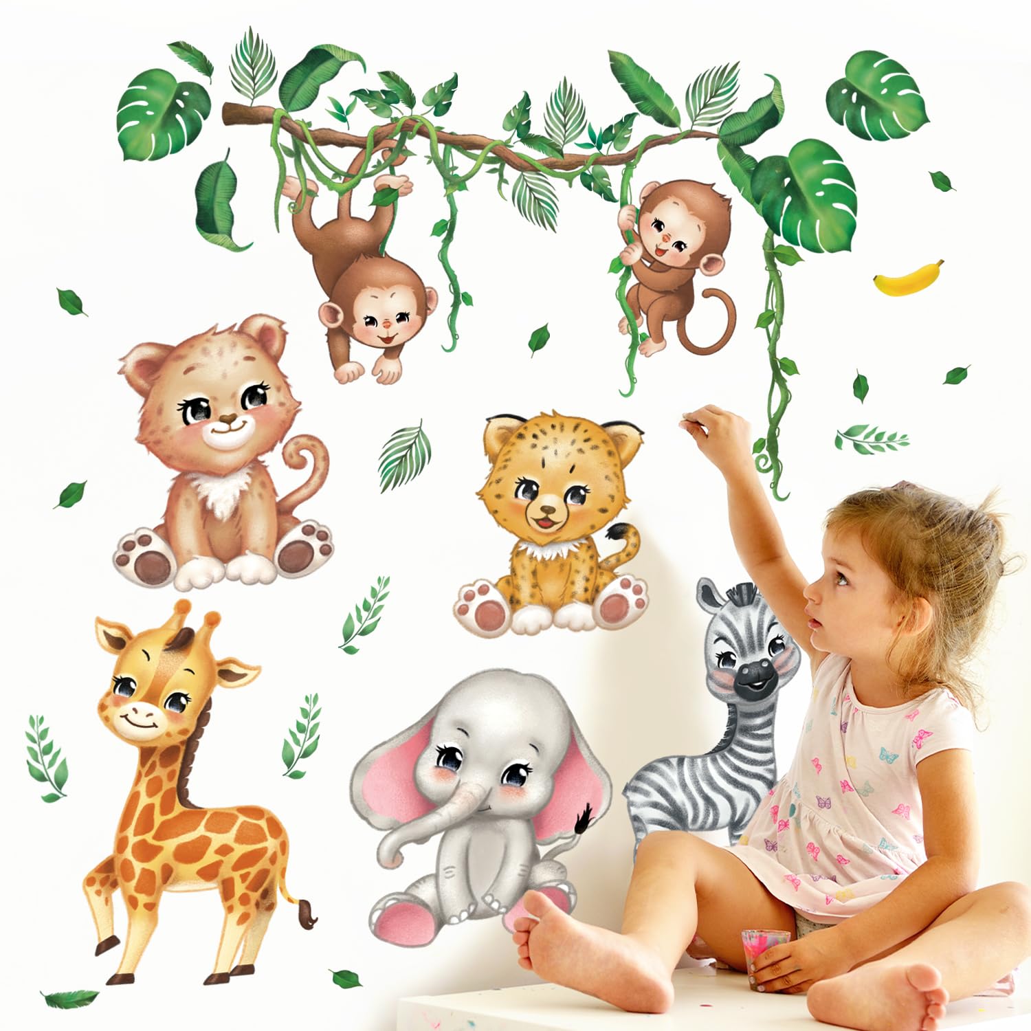 Decowall Baby Animals Ds12-8073 Jungle Animals Wall Decals Elephant Giraffe Safari Wall Stickers Baby Nursery Kids Room Living Room Wall Décor