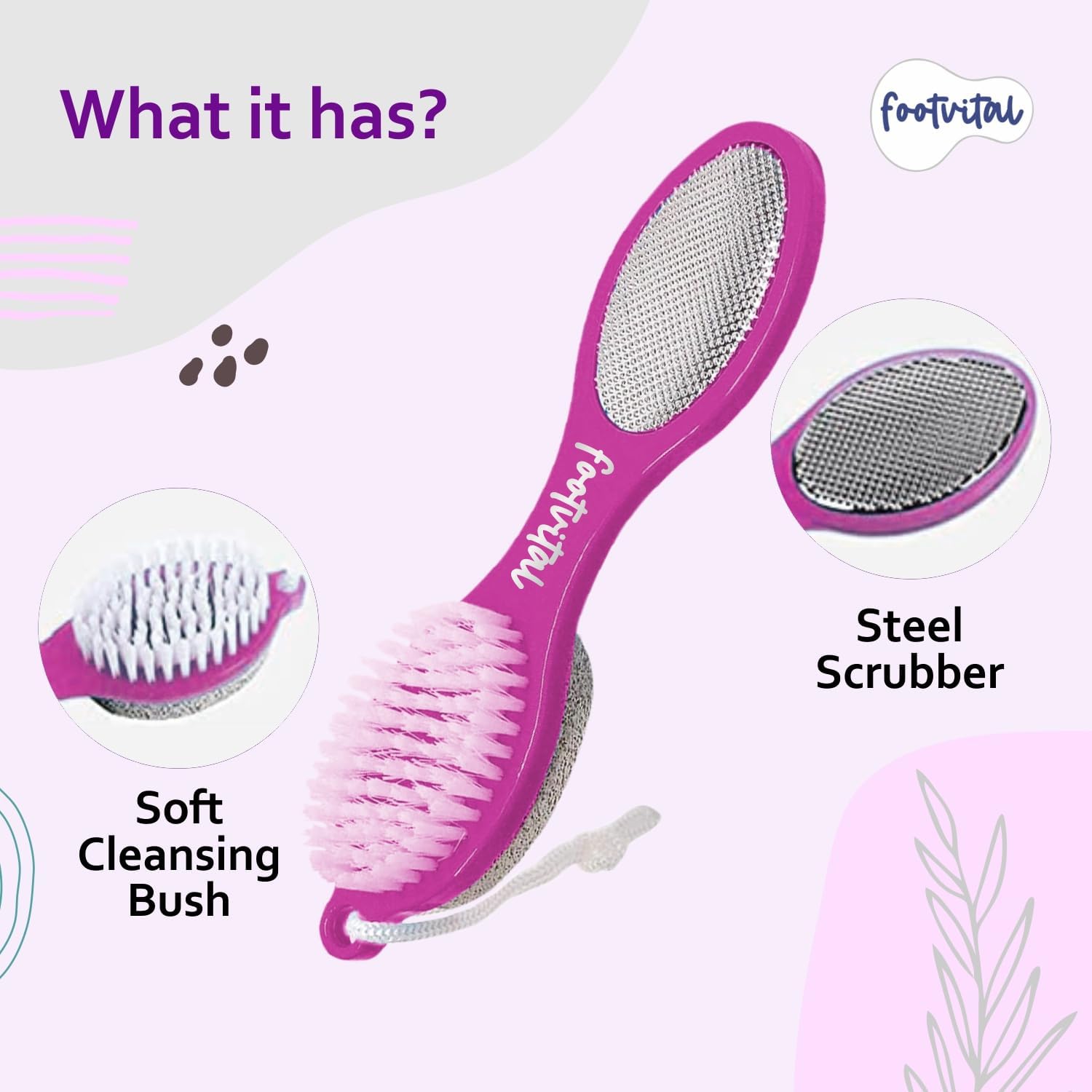 Footvital 2-in-1 Foot Scrubber Brush & Pedicure Foot File (Multicolor) – Double Sided Foot Cleaning Brush with Pumice Stone for Dead Skin Removal, Foot Exfoliation & Callus Care – Pedicure Tool for Shower & Bathroom 2