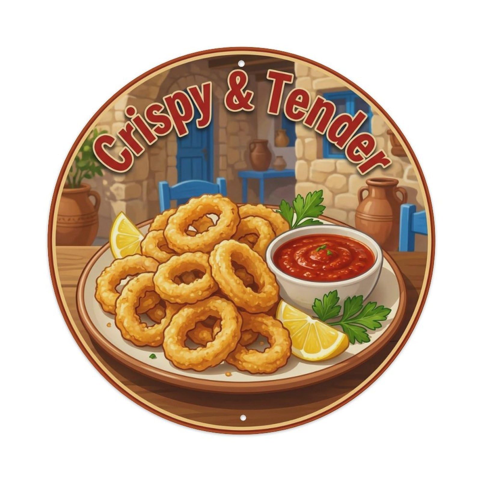 Okahys 8X8inch(20X20cm) Calamari Rings Vintage Gourmet Food Metal Tin Sign