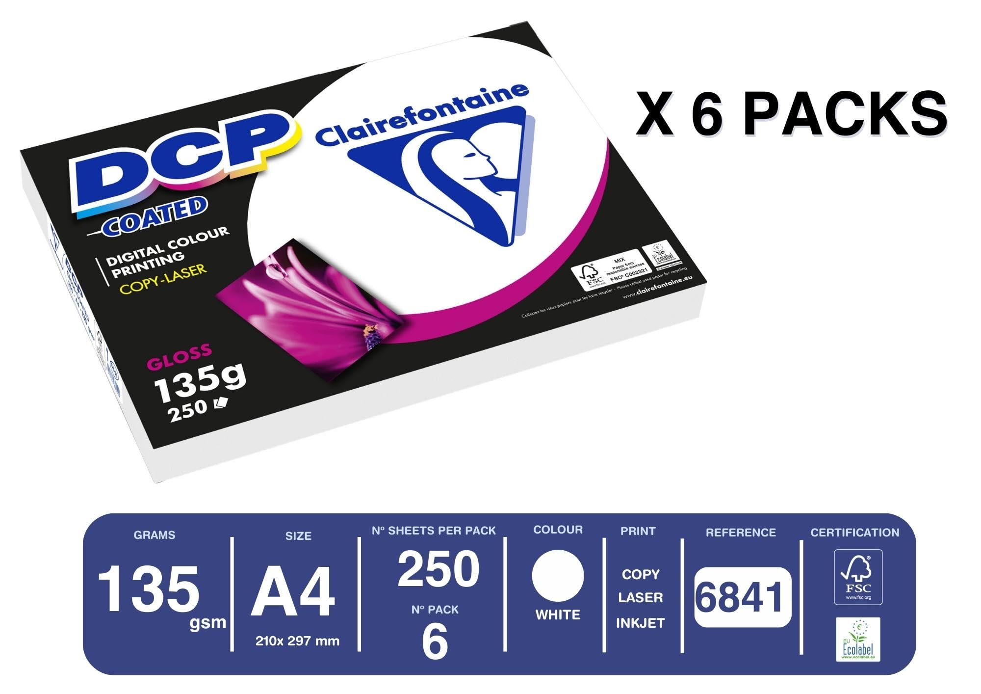 Clairefontaine 6841C - Karton mit 6 Ries Druckerpapier / Kopierpapier DCP Coated, DIN A4, 135g, 250 Blatt x 6, beidseitig glänzend, Weiß, 1 Karton