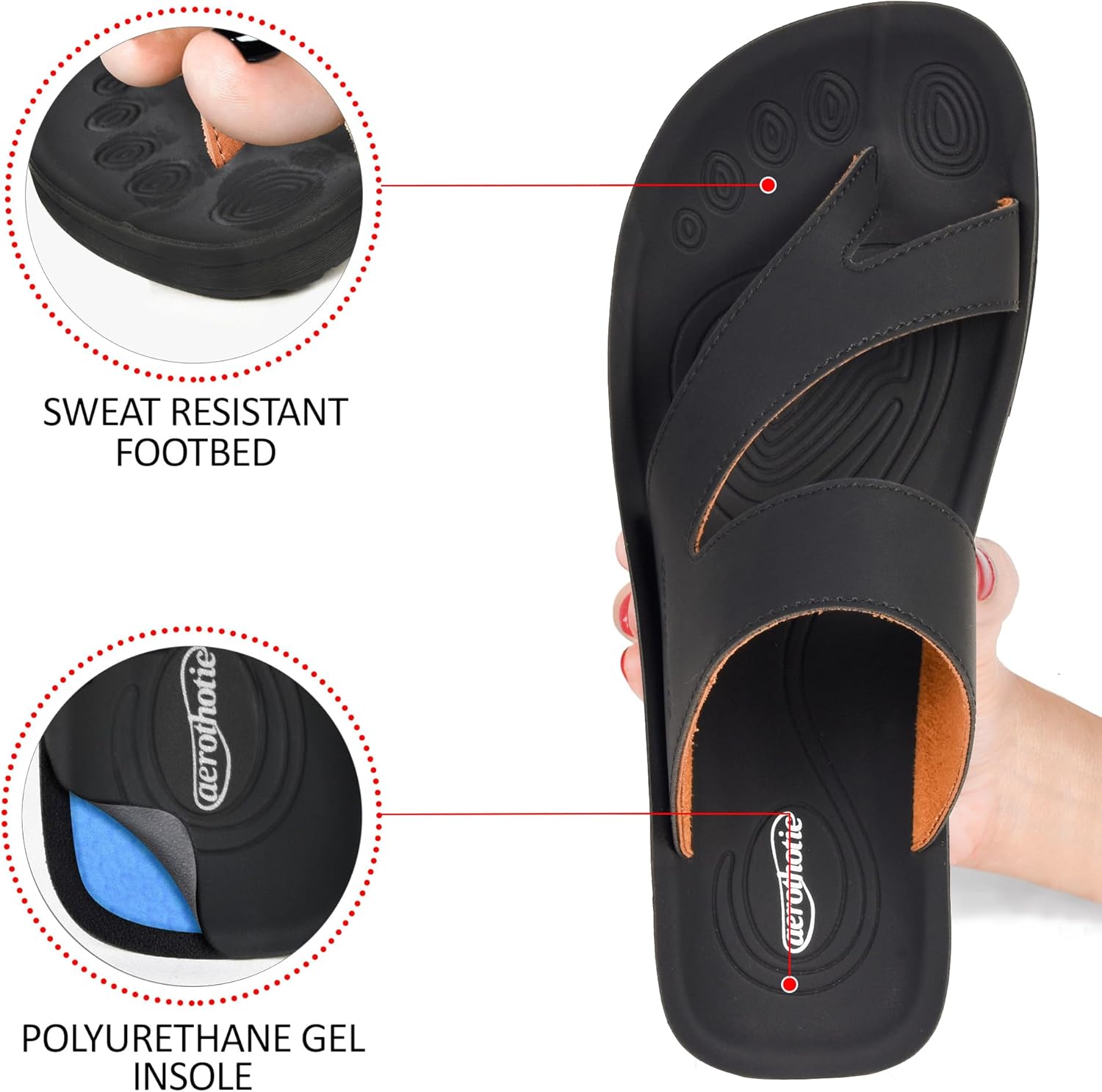 AEROTHOTIC Comfy Arch Support flip flops for women Split Toe Stylish Cushioned Strap with non-slip footbed Walking Dressy Sandals Indoor and Outdoor 8 Odal Black image 5 of 6 B0F6TWBTM1