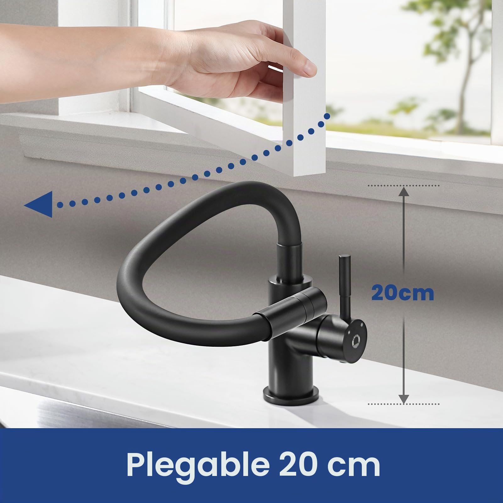 CECIPA Grifo Cocina Flexible Con 2 Chorros de Agua, Abatible, Negro Mate, Fregadero Giratorio a 360º, Para Agua Caliente Y Fría