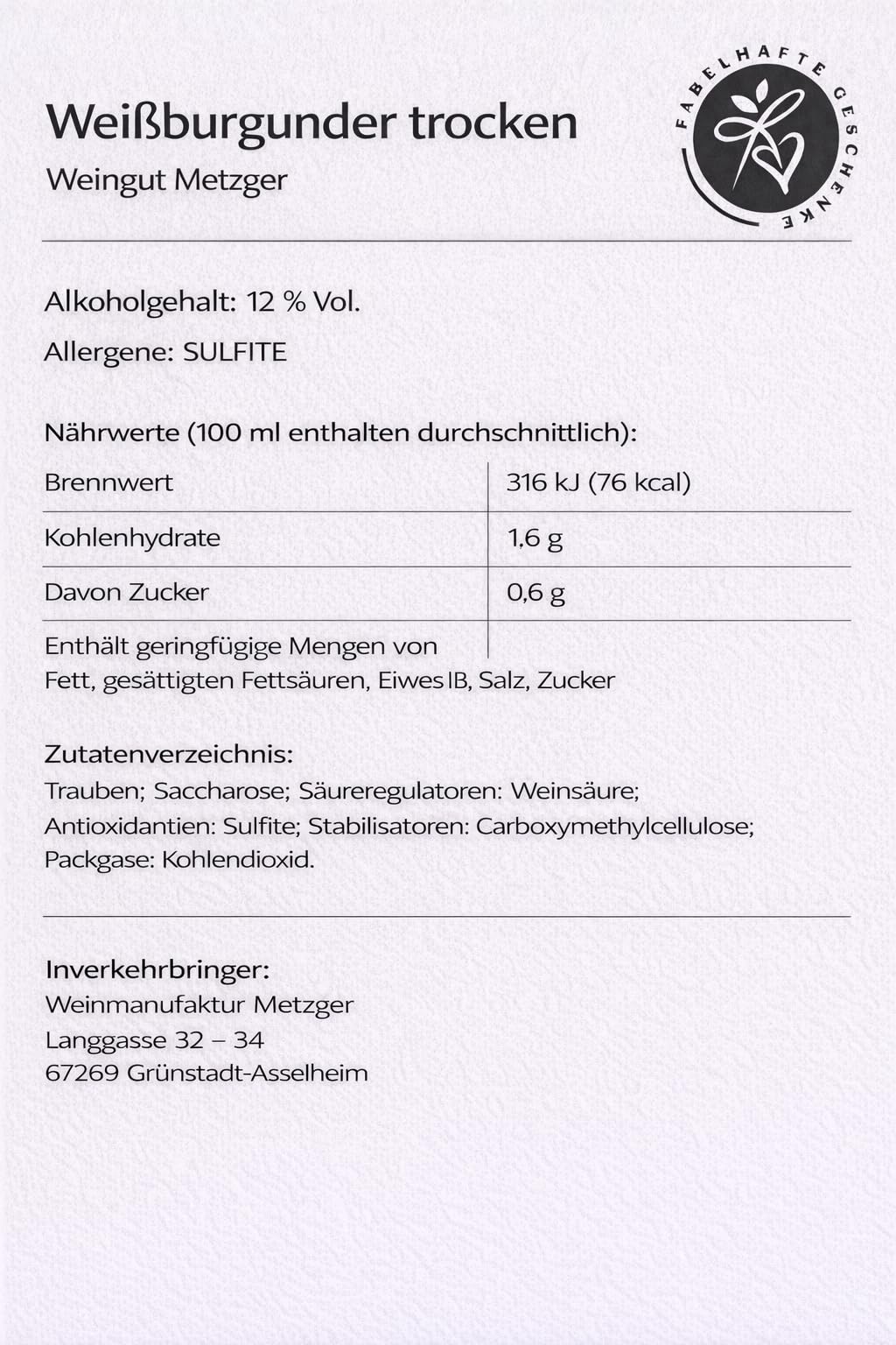 6 er Probierpaket Weißwein von Weingut Metzger | Grauburgunder | Weißburgunder | Sauvignon Blanc | Pfalz | 6 x 0,75 l | 1 Drop Stop Weinausgießer FABELHAFTE GESCHENKE
