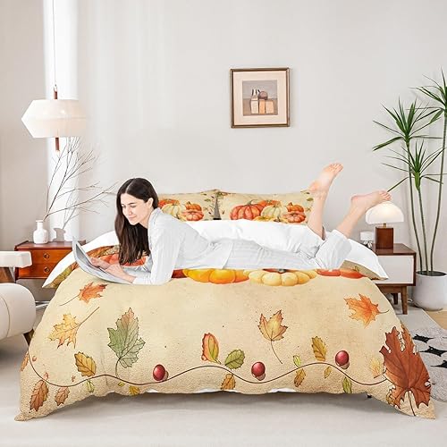 Juego de funda de edredón para niños con diseño de calabaza de otoño, tamaño Queen, juego de ropa de cama de hojas de arce de cosecha de otoño,