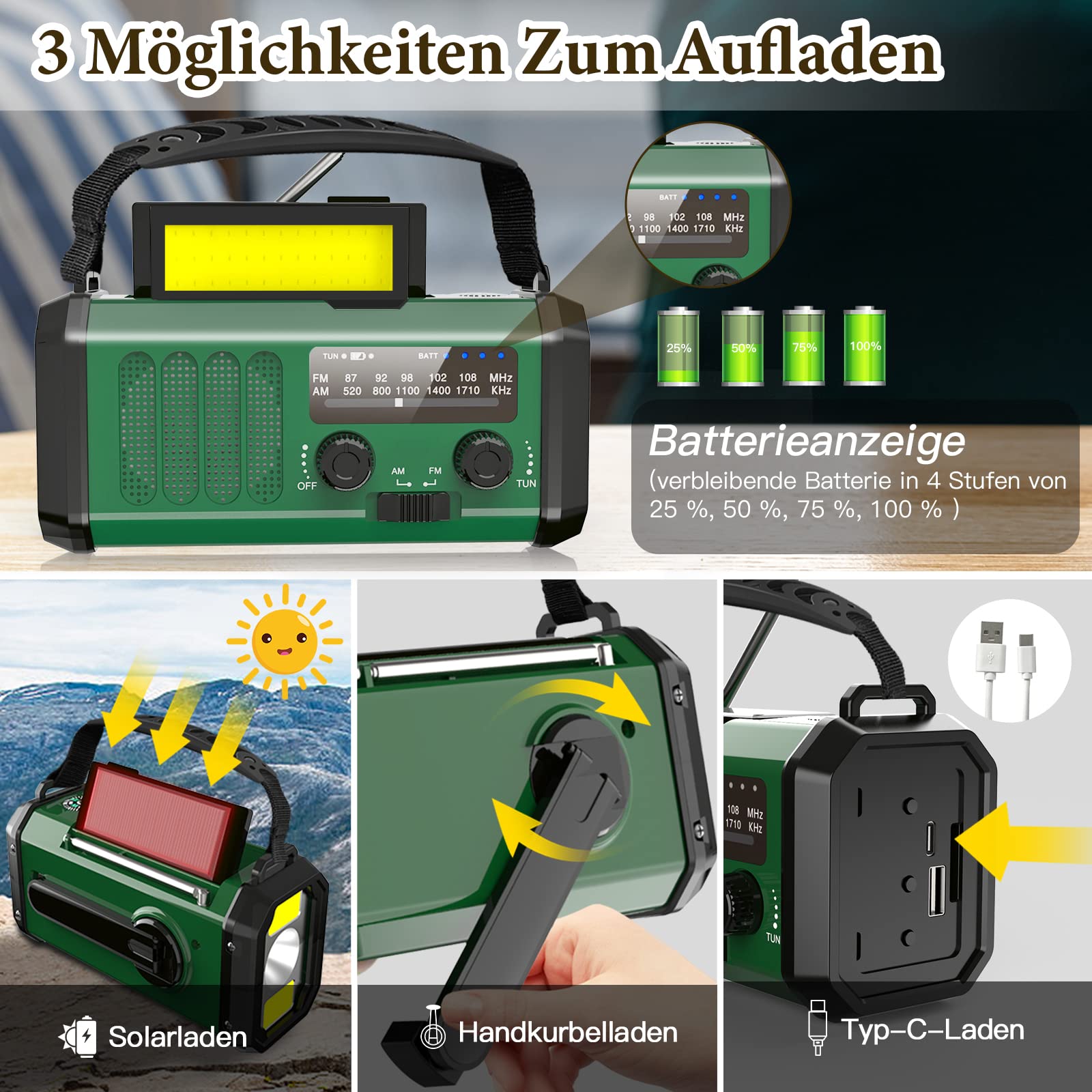 Radio a manovella, 10000 mAh, con manovella di emergenza, FM/AM portatile, radio di emergenza Dynamo Radio ricaricabile con funzione di ricarica del cellulare, torcia a LED, lampada da lettura