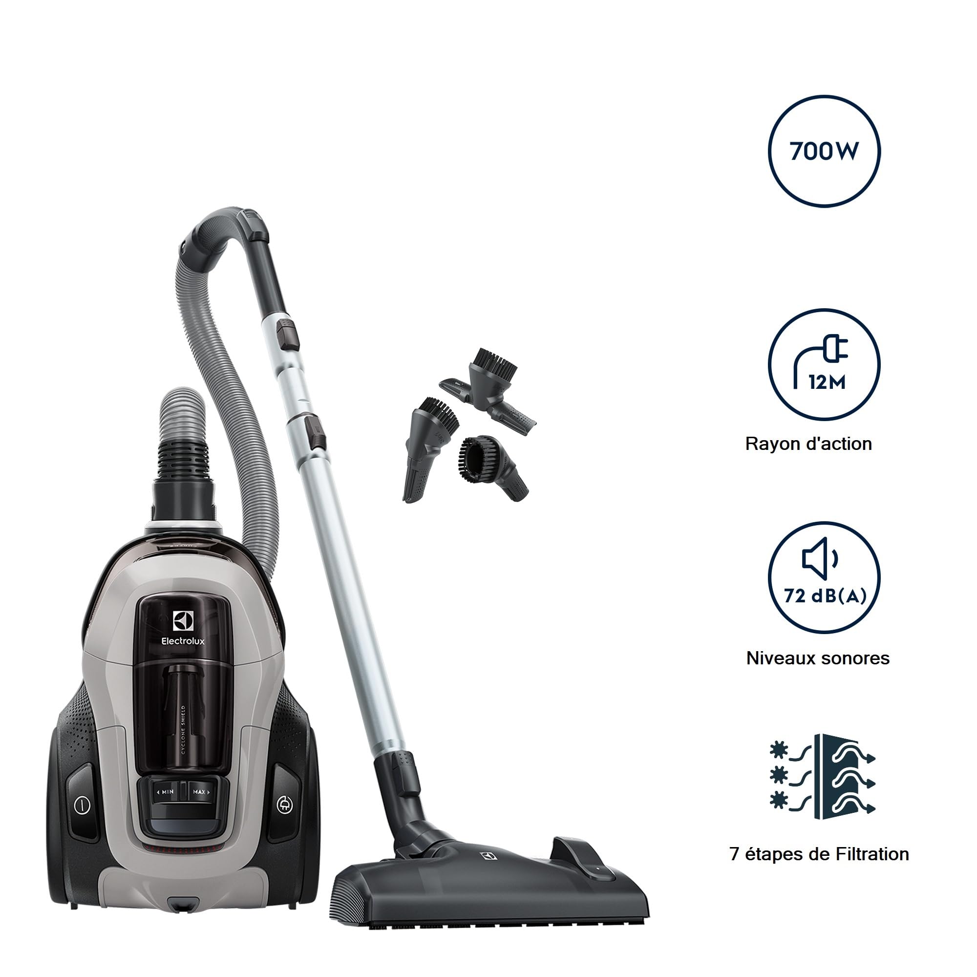 Electrolux Pure C9, Aspirateur Traineau sans Sac, Aspiration Puissante, 7 étapes de Filtration, Poignée Flexible avec Variateur de Flux d'air, Accessoires 3 en 1 Clipsés sur Poignée, PC91-4MG, Gris