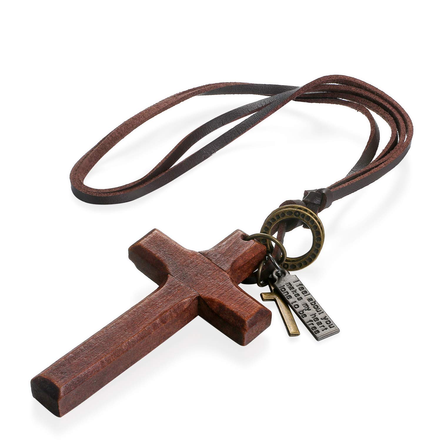 Flongo Collar de Cuero para Hombre Mujer, Colgante de Cruz Madera, Religioso Collar Largo Ajustable, Cruz Marrón Retro Vintage, Diseño Original