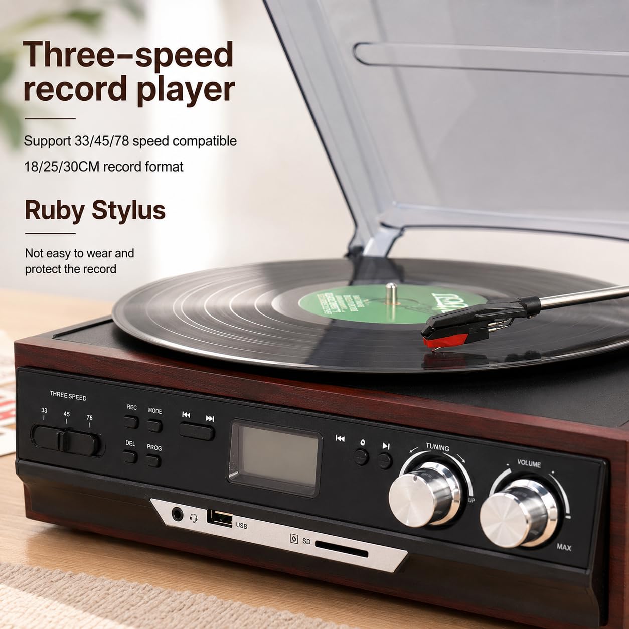 Odtwarzacz płyt vintage z radiem AM/FM, płytą CD, kasetą i głośnikami | Gramofon z trzema prędkościami z odtwarzaniem USB i nagrywaniem MP3 z winylu, płyt CD i radia FM.