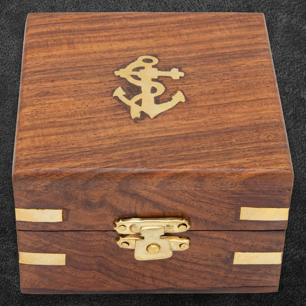 Brass Square Case Compass with Wooden Box | Solid Brass Construction | Velvet-Lined Box | Glass Construction | 3" Wooden Display Box | 2" Working Compass