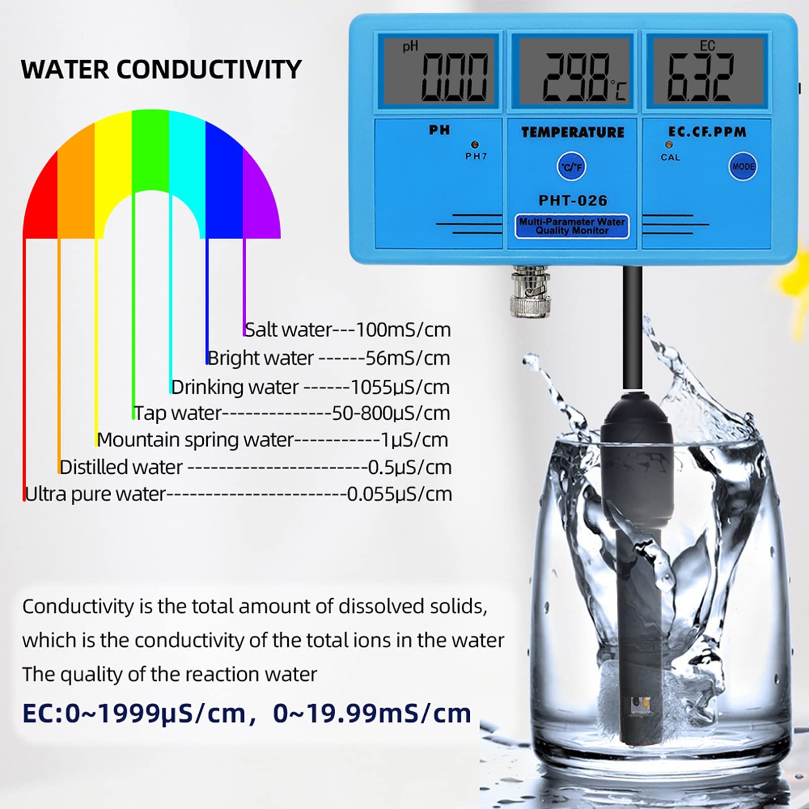 Monitor de Calidad del Agua multiparamétrico Medidor de pH TDS Detector de conductividad de Temperatura Herramienta de análisis de medición de acuarios
