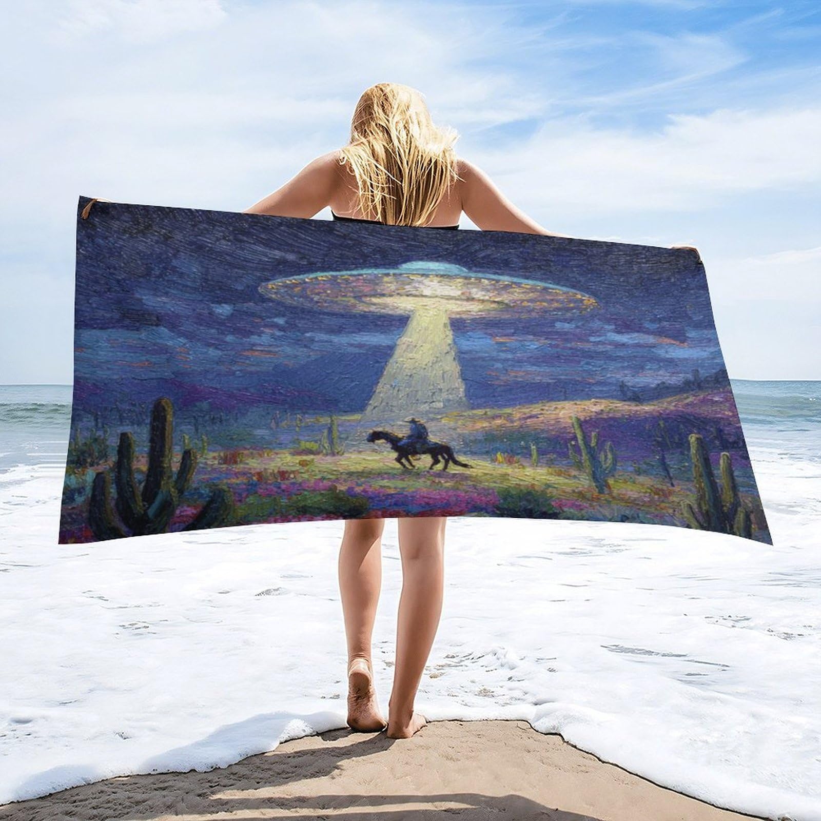 Luyysky Western Abstract Ufo Cowboy Absorbent Beach Towel, Realistic Watercolor Plant Cactus Floral Animal Horse Outdoor Single-Sided Velvet Beach Towel-80 W Cm X 160" L Cm