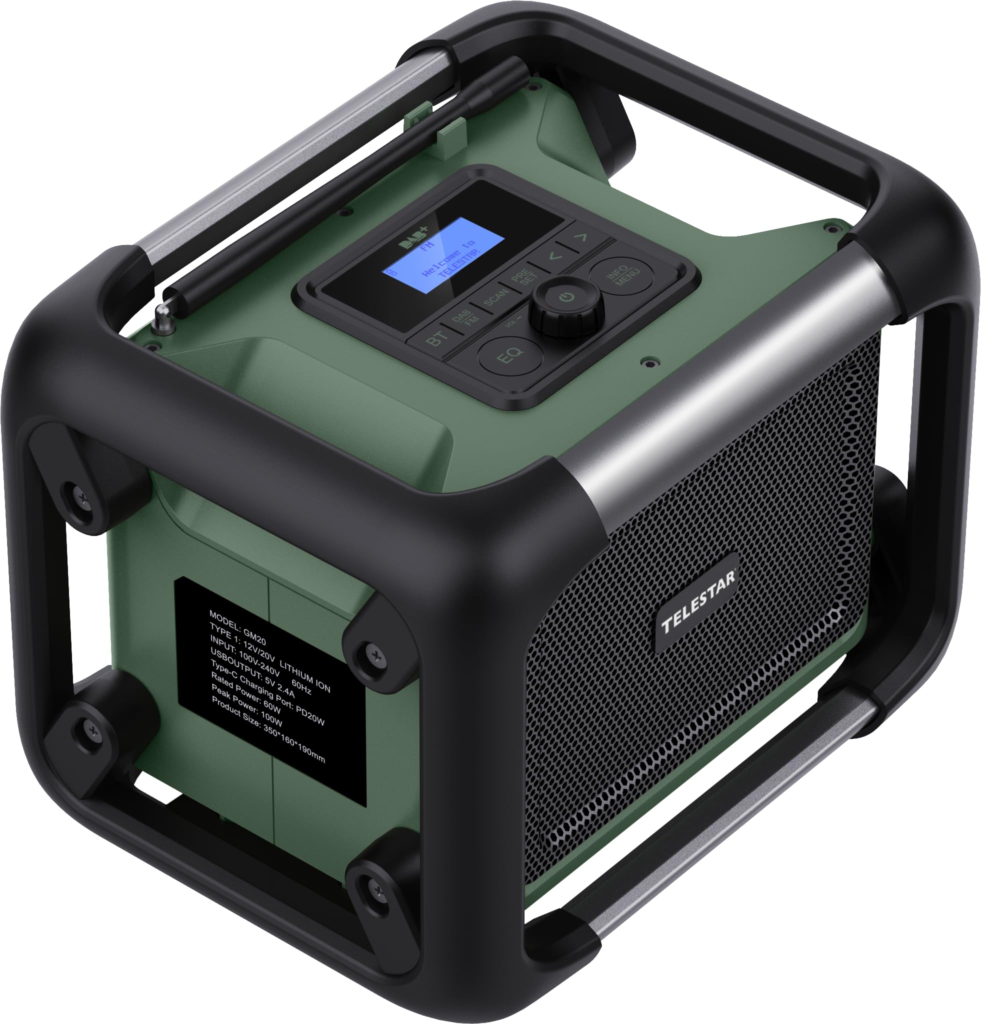 TELESTAR TOP OR 20 – Baustellenradio, läuft mit Marken-Akkus (Makita etc.) | Robust, DAB+, Bluetooth Audio-Streaming, für Akkus von Makita, DeWalt, Bosch, Milwaukee, 80 W Stereo, USB, Akku-/Netzbetrieb