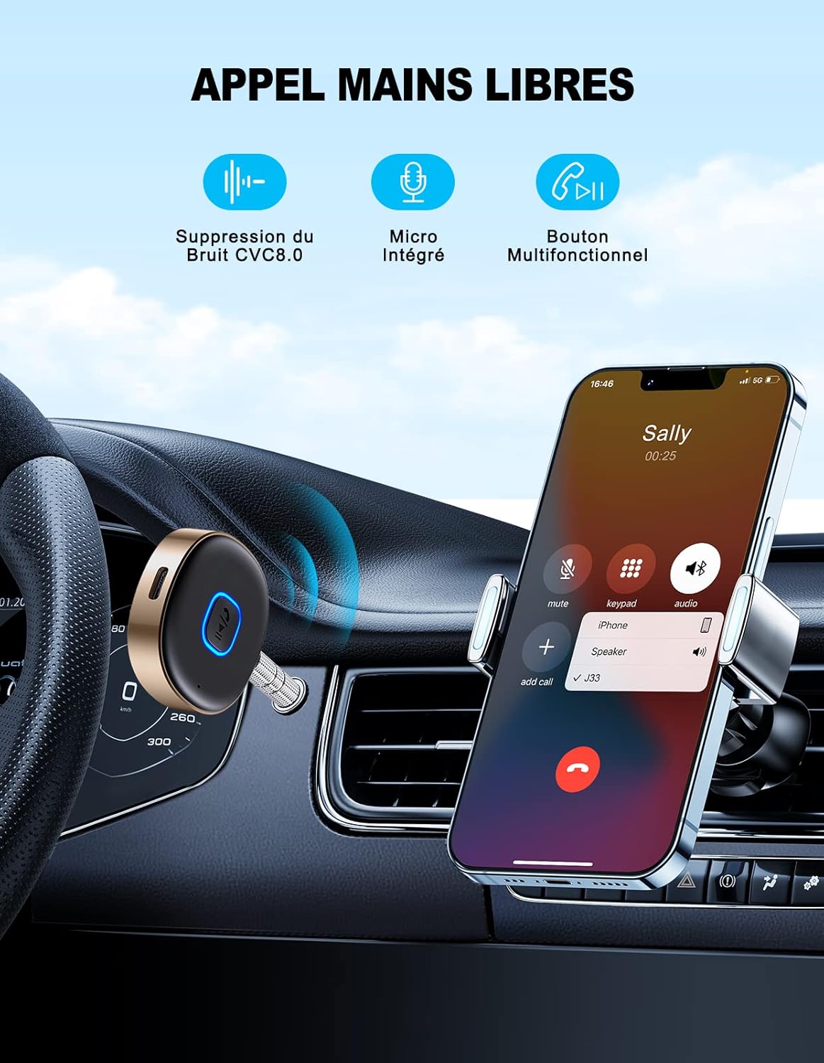 Mohard J33 Bluetooth receiver mounted in a car, showing a smartphone displaying an incoming call.