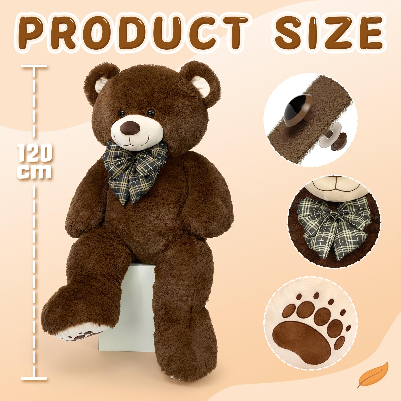 MorisMos Orsacchiotto gigante 120 cm, marrone scuro con papillon a quadri. Morbido e coccoloso. Perfetto per compleanno/Natale, per bambini e adolescenti. Facile manutenzione