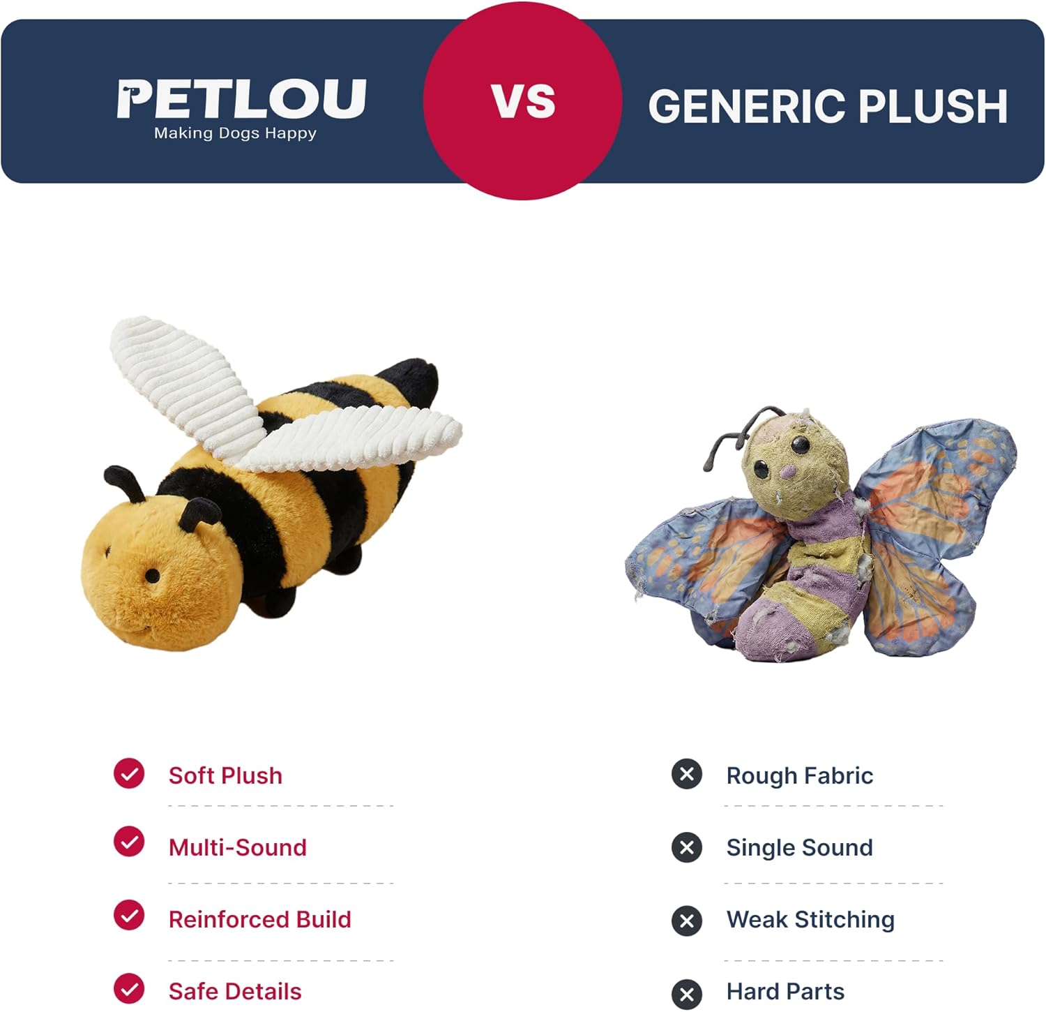 Pet Lou 16 Inch Bee Squeaky Dog Toy, Durable Plush Dog Toy with Crinkle Wings, Interactive Dog Toy for All Dogs, Farm Friends