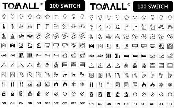 TOMALL 200Pcs Light Switch Labels Icon Stickers Household Transparent Light Fan Heater Bed Bathroom Kitchen Garage Laundry Room Switch Label Graphic Kit for Home Office School Hotel Public Places