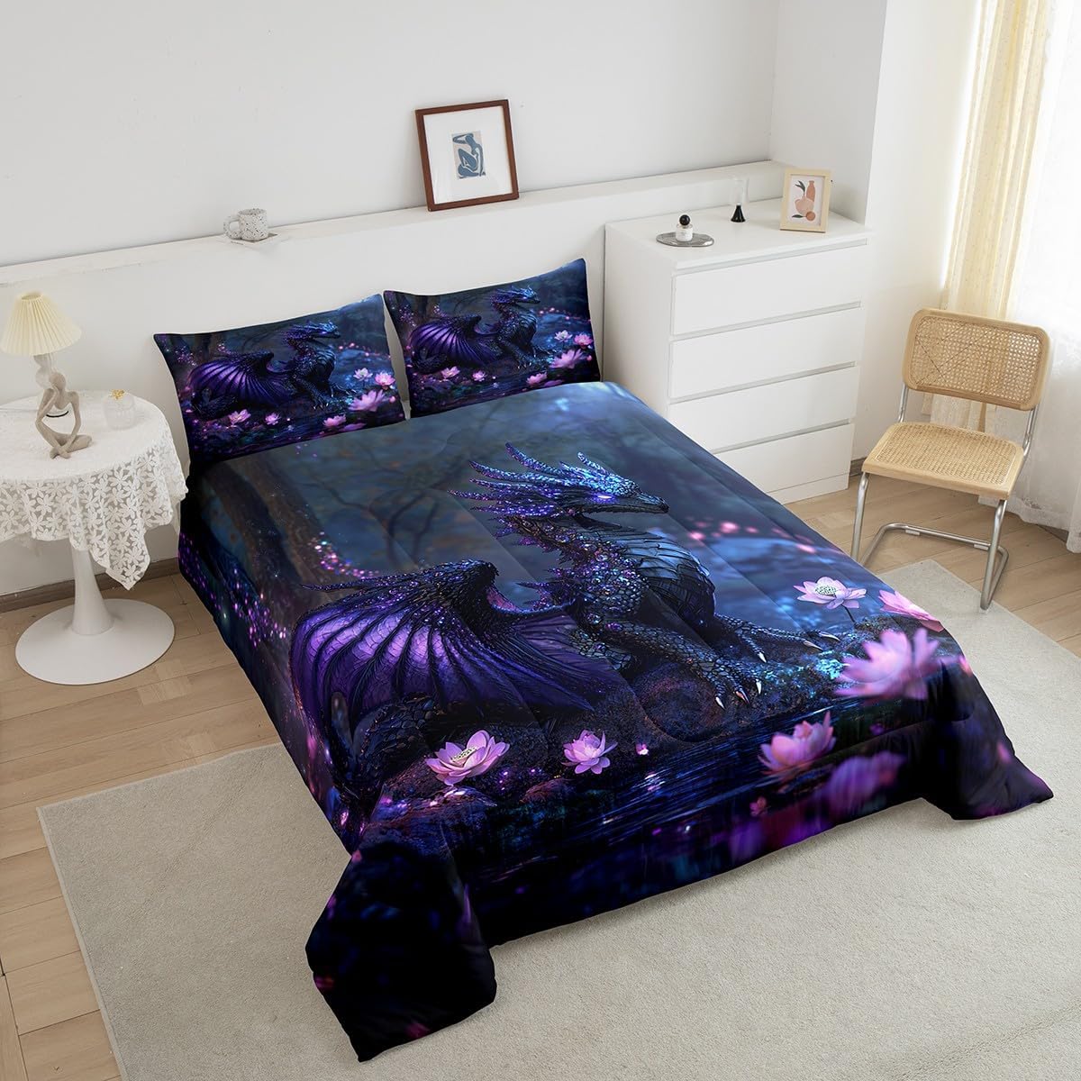 Feelyou Dragon Comforter Set Queen Size Dragon Stuff Comforter for Boys Girls Teens Wild Life Bedding Set Flower Duvet Set Room Decor Black Purple Quilt Set