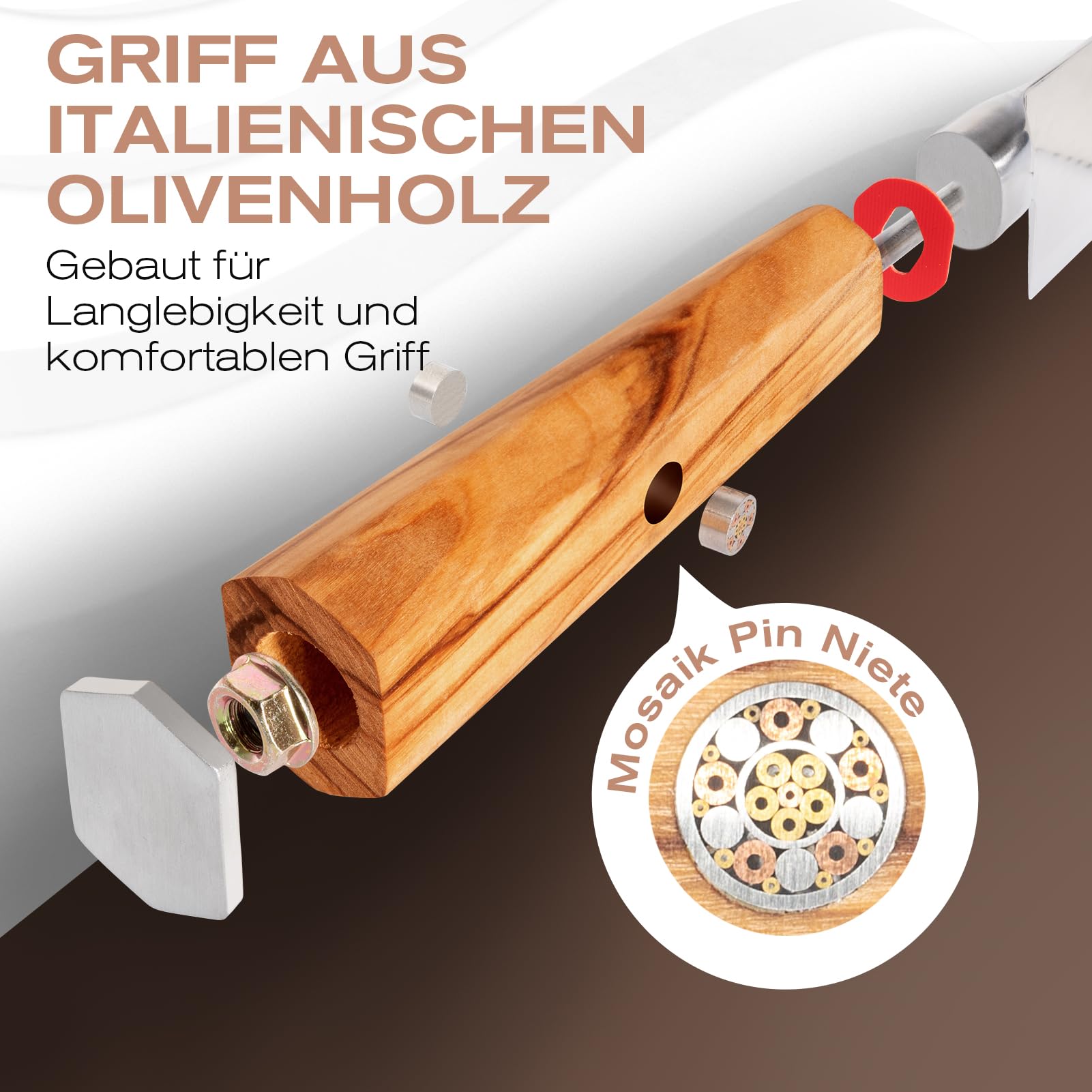 Damast Tranchier-Set mit Gabel, 2-teilig, Fleischmesser Mit Extrem Scharf 22,5cm Klinge Aus 67 Lagen Vg-10 Damaststahl, Gabel 28,7 cm, Olivenholzgriff, Geschenkbox