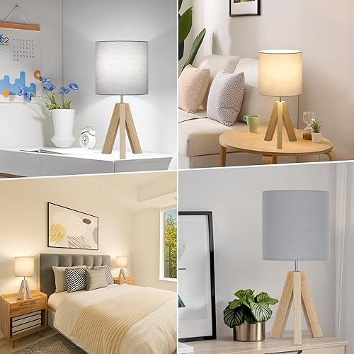 Miniatura 7 de Brightever Lámpara pequeña de mesita de noche, lámpara de mesa moderna con trípode de madera con pantalla de tela de lino gris, lámpara de mesita de