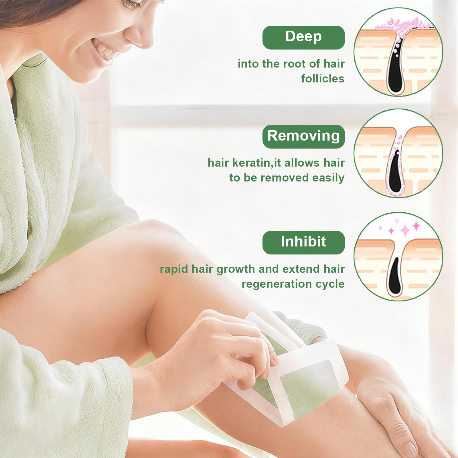 72 Piezas Bandas Depilatorias, Bandas para Depilación Con Cera, Cera Fría, Formulación Suave, Tiras Depilatorias Cera, para Piernas, Brazos y Zona Bikini, Verde